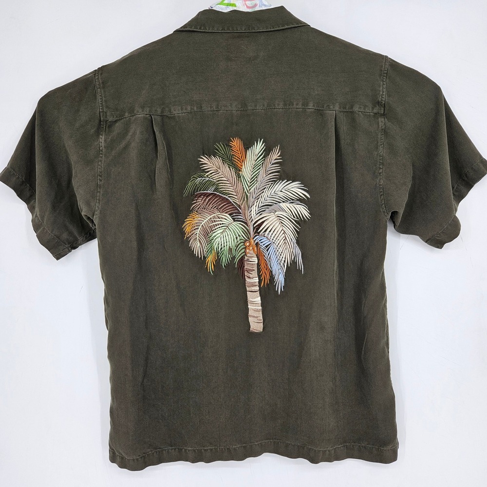 Luau Shirt Mens Medium Finest Silk Palm Tree Embroidered Short Sleeve Casual